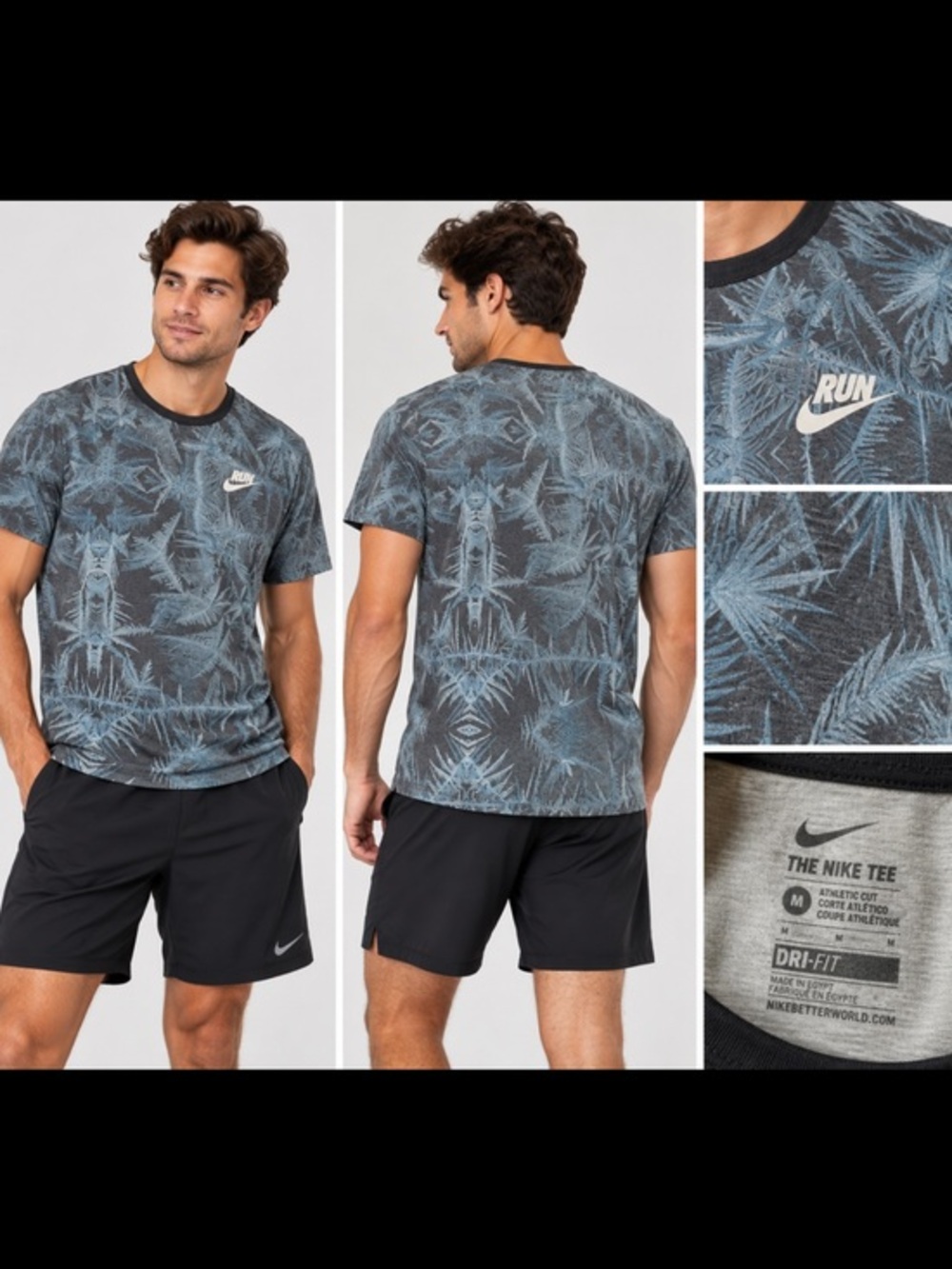 Nike The Nike Tee Dri FIT Gray Blue Tropical Print Running Shirt Men’s Medium